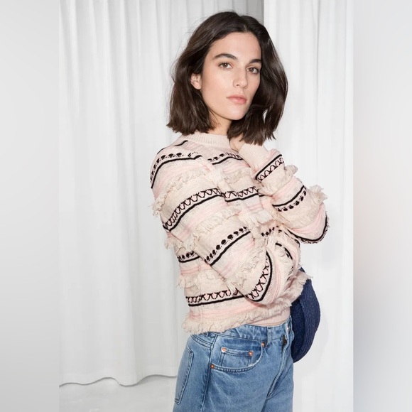 & Other Stories Sweaters - & Other Stories Women’s Striped Fringe Knit Sweater Long Sleeves White Size XS